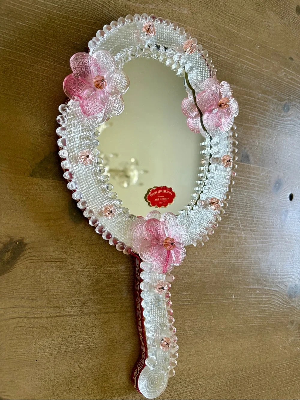 1950s Vintage Italian Venetian Hand-Blown Pink Floral Murano Glass Hand Mirror